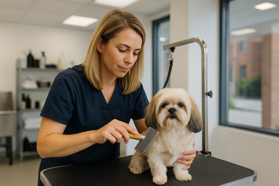 Professional dog groomer brushing a small dog on a grooming table in a modern Canadian salon.