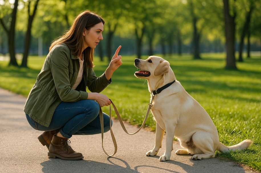 Dog trainer teaching a Labrador Retriever obedience commands in a sunny Canadian park.