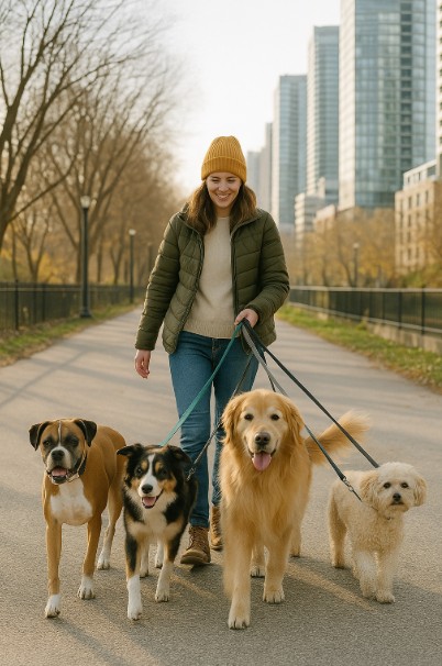 Dog walker walking several dogs on a scenic city trail in Canada on a sunny day.