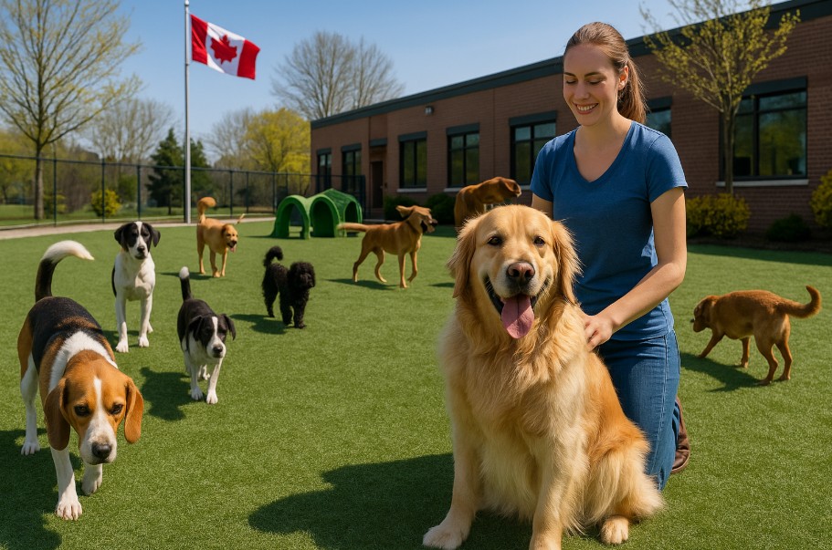 Several happy dogs playing together in a fenced outdoor daycare yard in Canada on a sunny day.