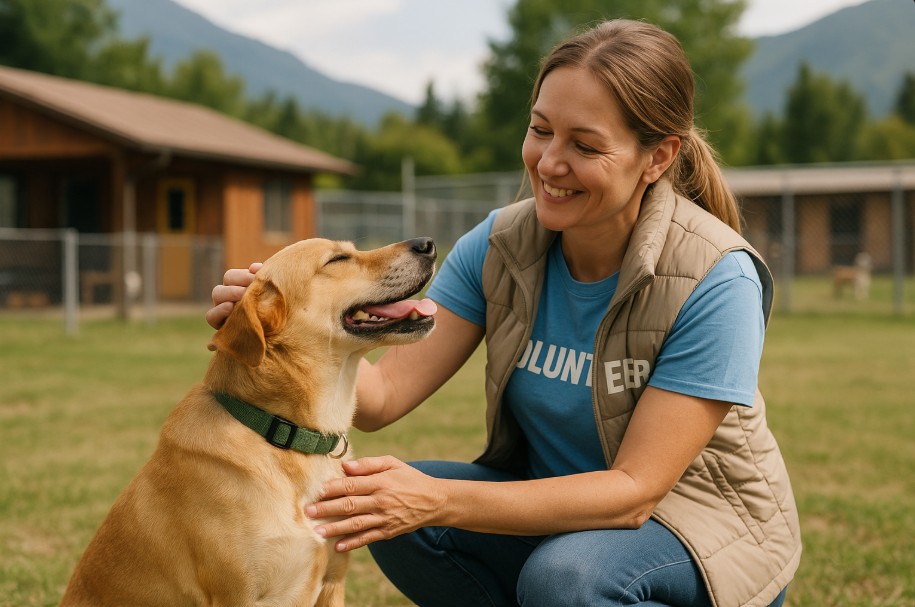 Volunteer playing with a rescue dog outside a Vancouver animal shelter with mountains in the background, representing compassionate pet care in Canada.
