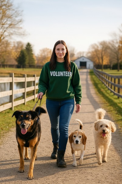 Volunteer walking three rescue dogs toward the camera along a scenic countryside path at an Ontario animal sanctuary.