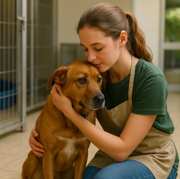 Volunteer gently comforting a rescued dog inside a warm and welcoming Niagara animal shelter.
