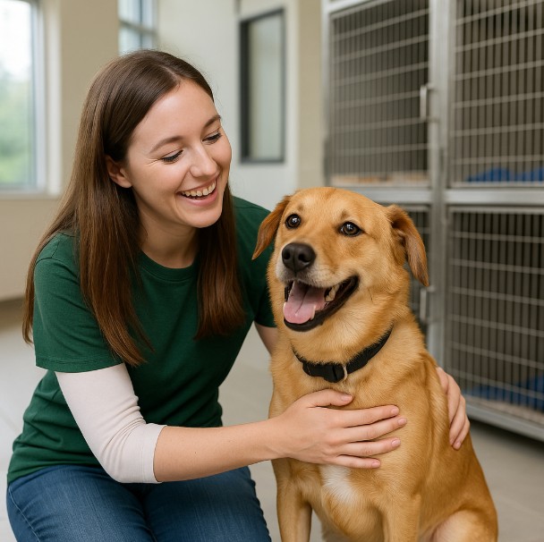 Volunteer smiling beside a happy rescue dog inside a bright and welcoming SPCA shelter in Hamilton, Ontario.