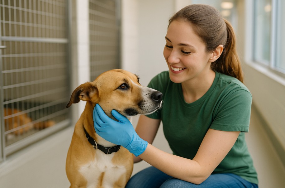 Volunteer gently caring for a rescue dog inside a bright and modern Montreal SPCA shelter in Quebec.