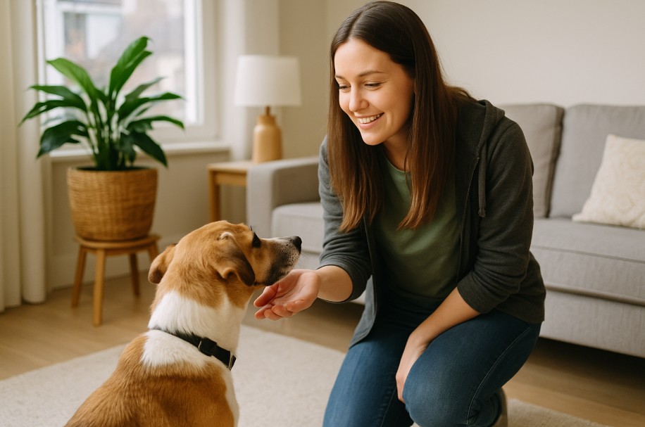 Volunteer greeting a rescue dog inside a cozy and sunlit Vancouver foster home.