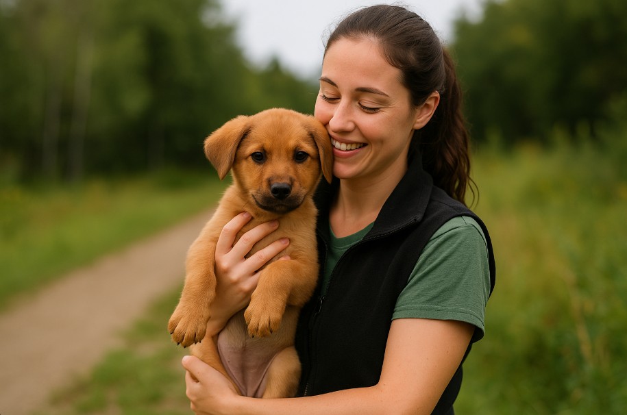 Volunteer smiling while holding a rescued puppy outdoors at an Alberta animal rescue surrounded by nature.