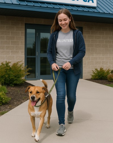 Volunteer walking a happy rescue dog outside the Niagara SPCA shelter on a sunny day.