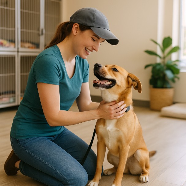Volunteer kneeling to greet a happy rescue dog inside a bright and welcoming St. Catharines dog rescue.