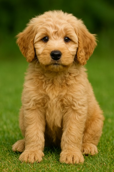 Labradoodle puppy sitting on grass with fluffy cream coat – male, female, and unique dog name ideas inspiration