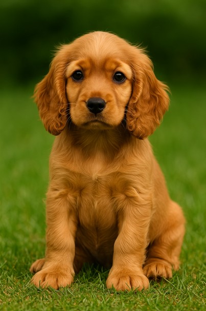 Cocker Spaniel puppy sitting on grass with soft golden fur and long floppy ears – male, female, and unique dog name ideas inspiration