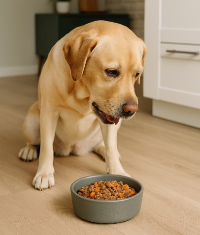 Happy Labrador Retriever sitting beside a bowl of fresh dog food in a modern Canadian kitchen with natural lighting.