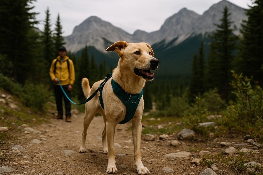 Dog wearing teal hiking harness and leash on a rocky mountain trail in Canada with owner in the background.