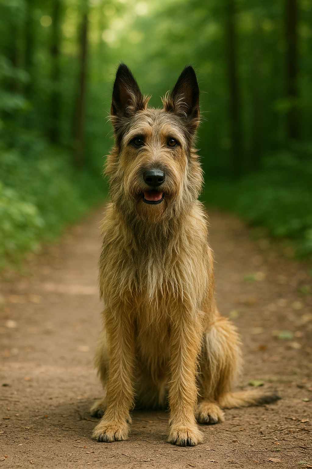 A high-resolution photograph captures a Berger Picard with a rough fawn coat and large upright ears sitting on a dirt forest path, looking alert and intelligent.