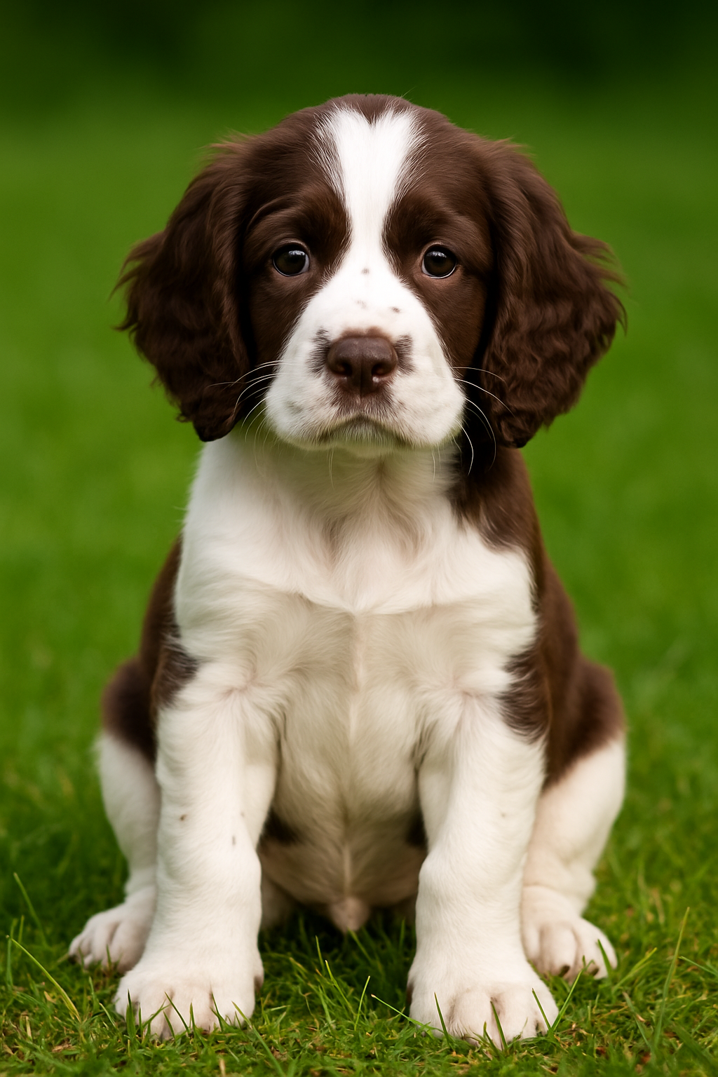 English Springer Spaniel puppy sitting on grass with brown and white coat and floppy ears – male, female, and hunting-inspired dog name ideas inspiration