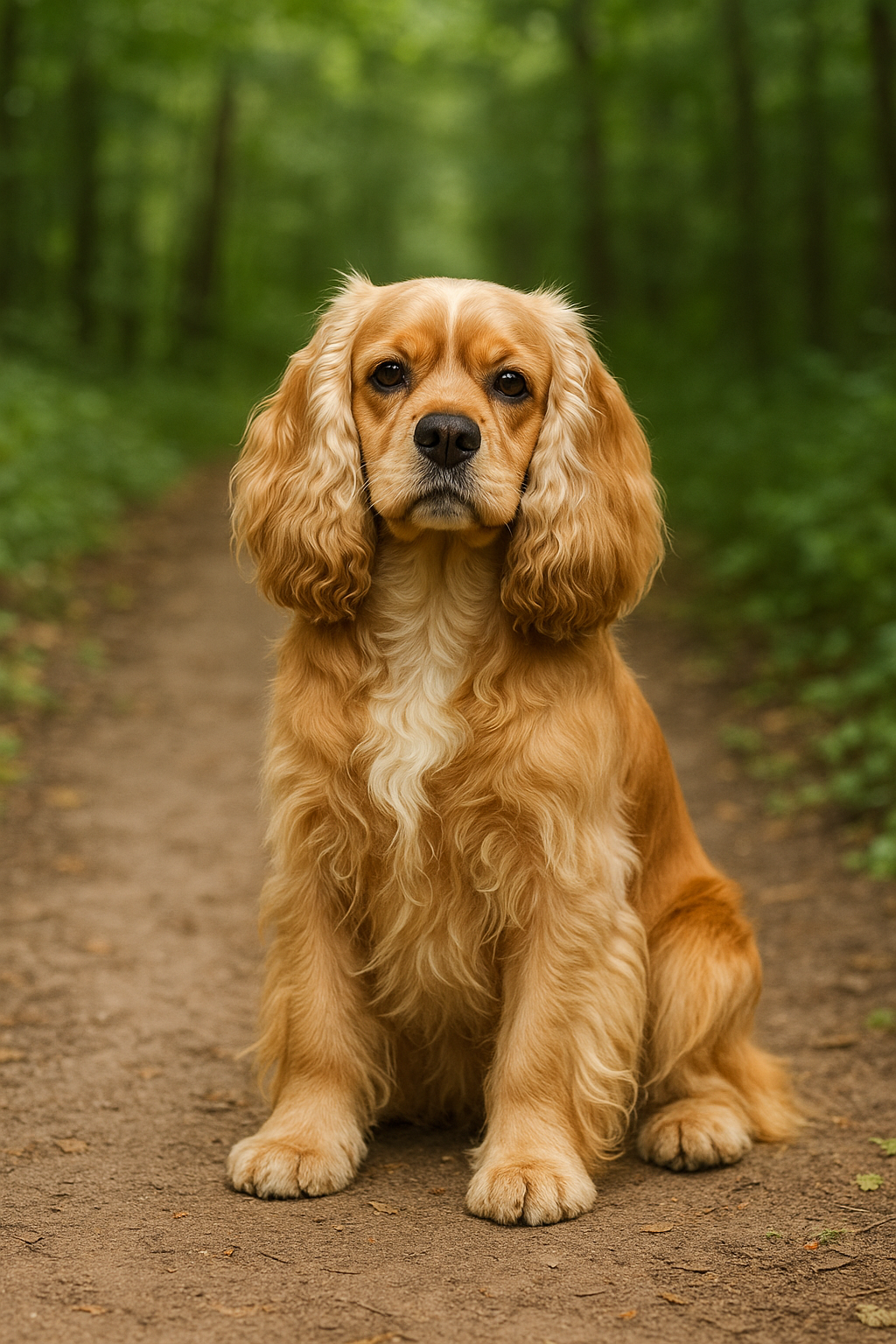 A high-resolution photograph of an American Cocker Spaniel with a long, silky golden coat sitting on a dirt forest path, looking calm and gentle.
