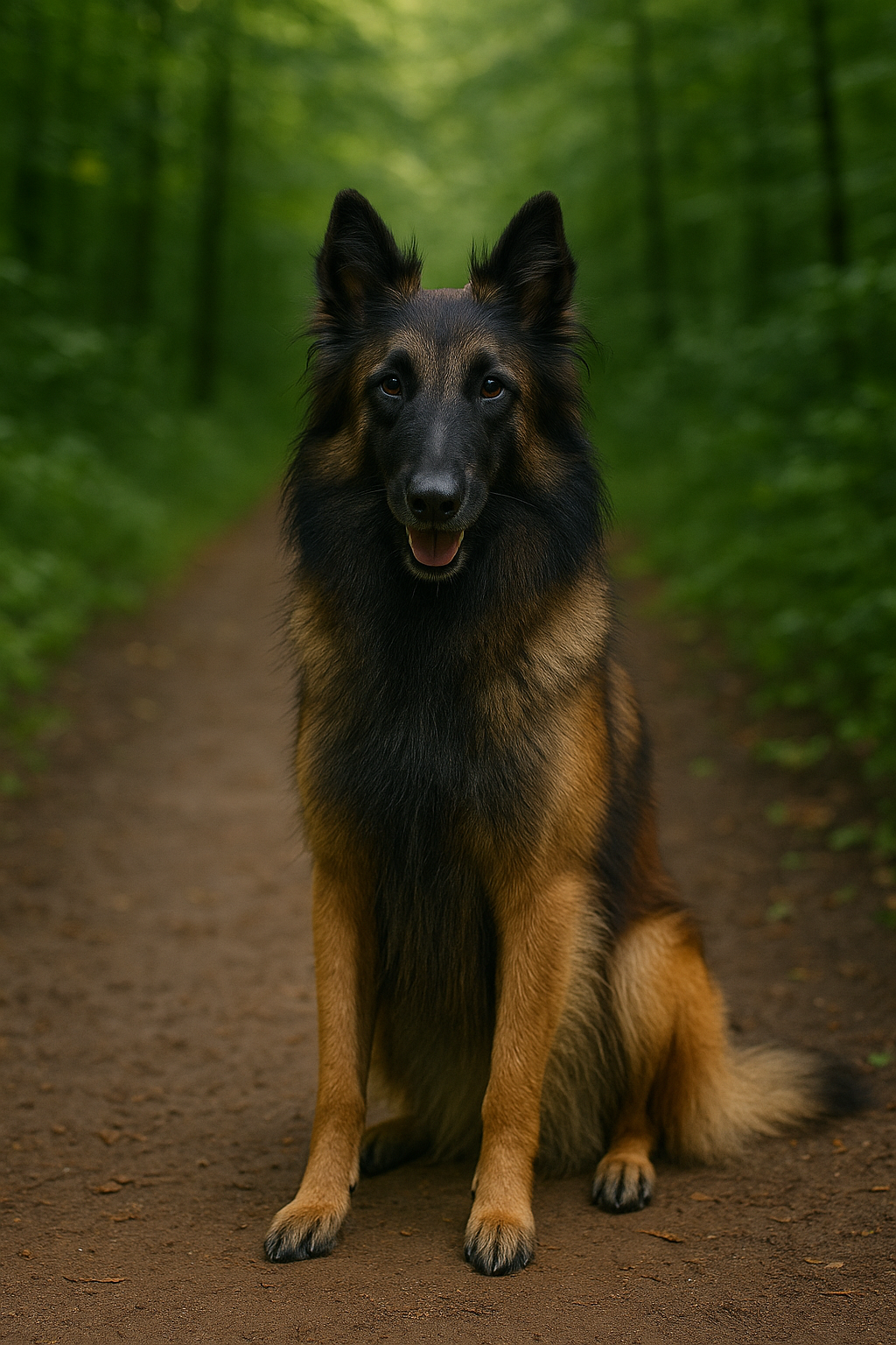 A Belgian Tervuren sitting attentively on a forest path, showing its thick reddish-brown and black double coat and intelligent expression — LeashFree.ca