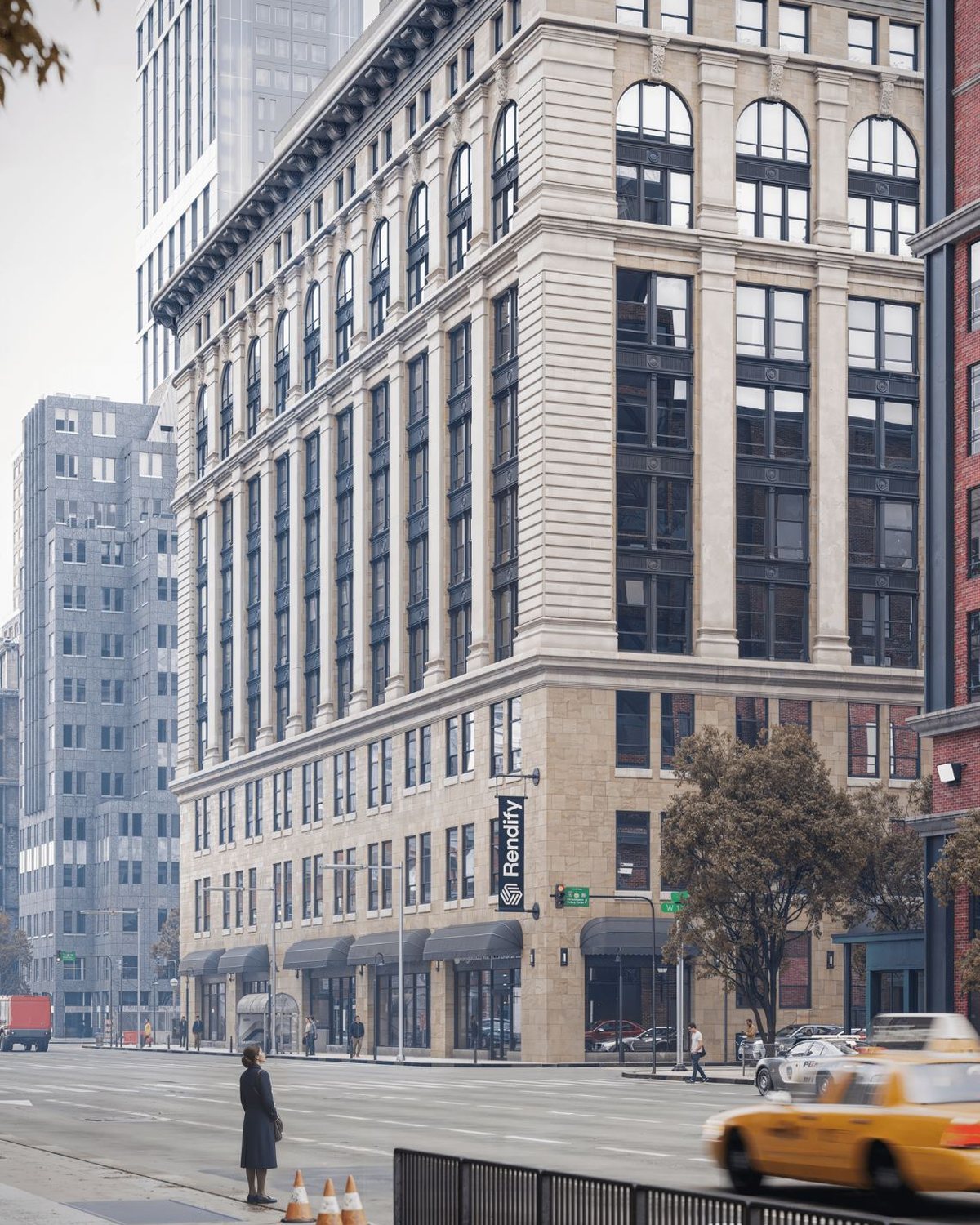 Photorealistic architectural visualization of a commercial building produced by Rendify