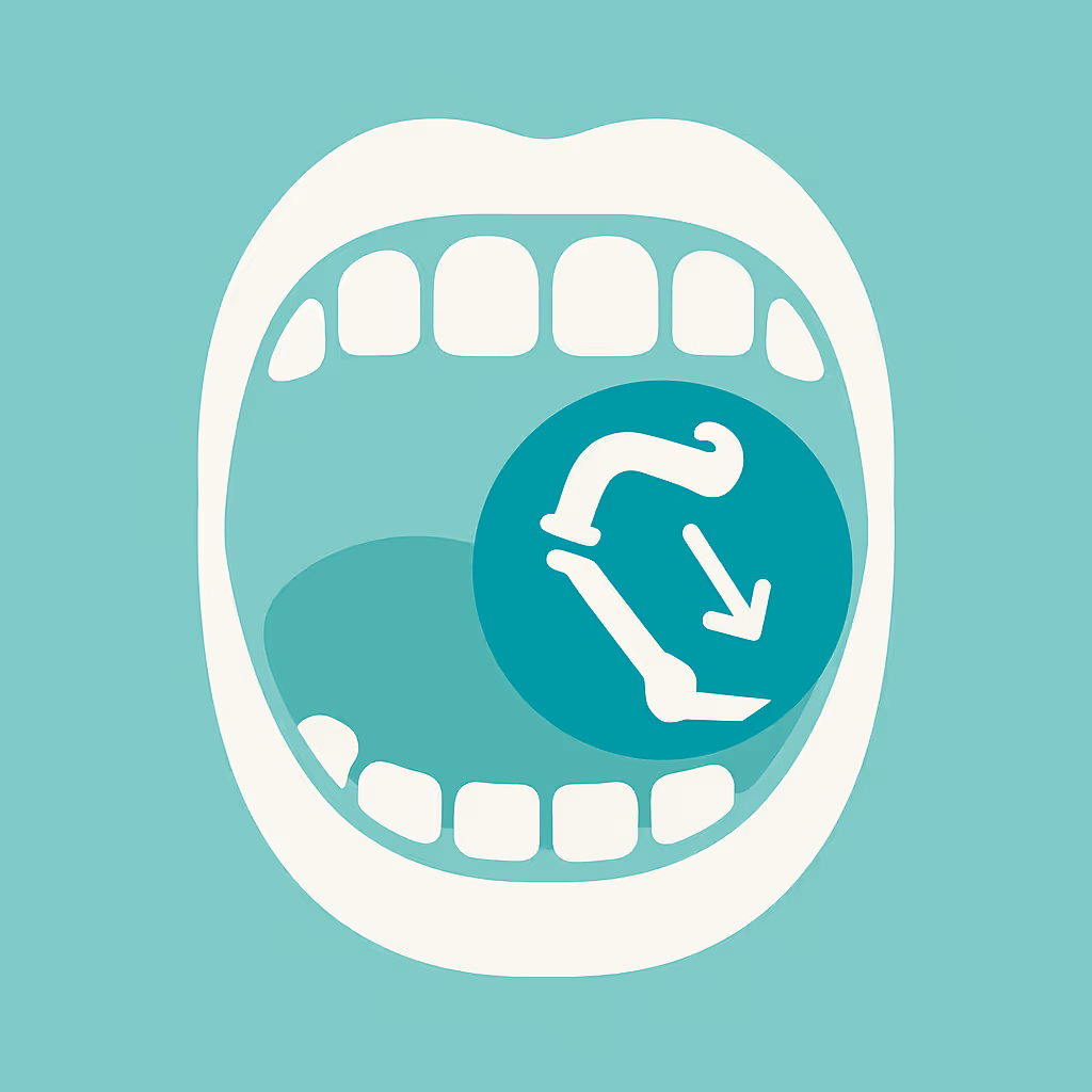 open mouth showing upper and lower teeth on a mint green background with a teal circle overlay containing a white curved arrow pointing downward