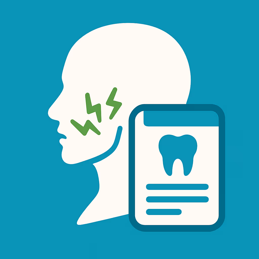 silhouette of human head in profile with green lightning bolt icons at jaw indicating pain alongside a stylized dental report graphic with tooth illustration and text lines on teal background