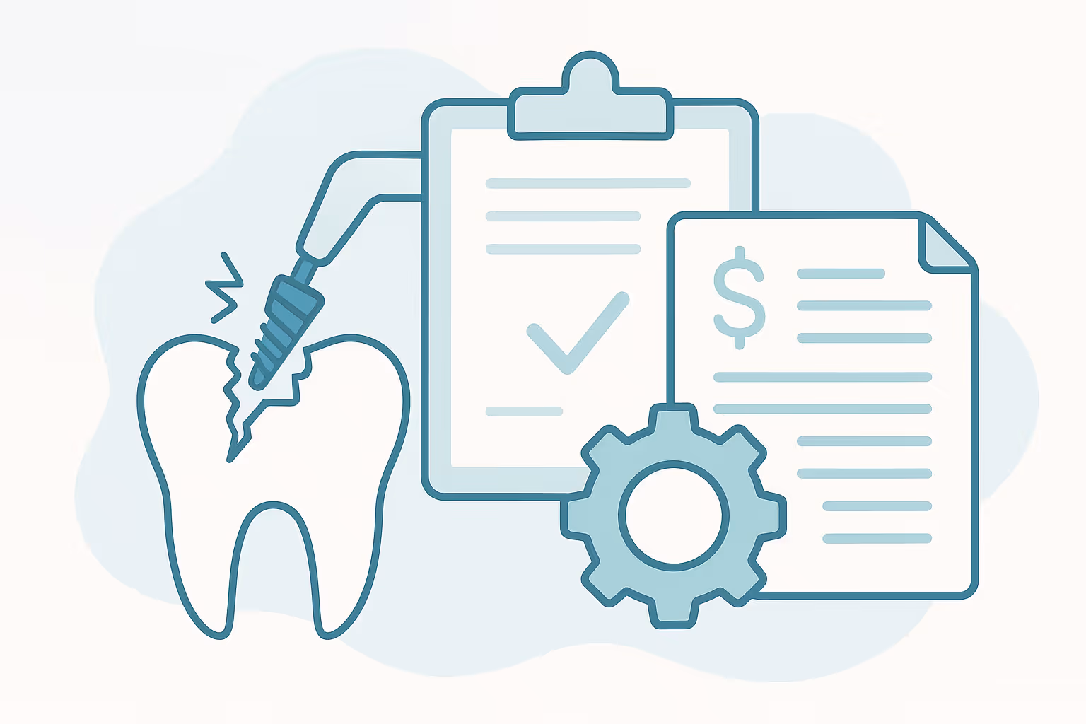 cracked tooth undergoing root canal treatment next to clipboard with check mark document with dollar sign and gear icon representing dental procedure planning and cost management