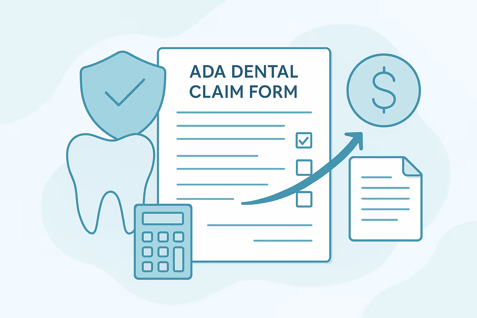 illustration of ADA dental claim form with checkboxes and lines next to shield with checkmark tooth calculator upward arrow pointing to dollar sign and separate document