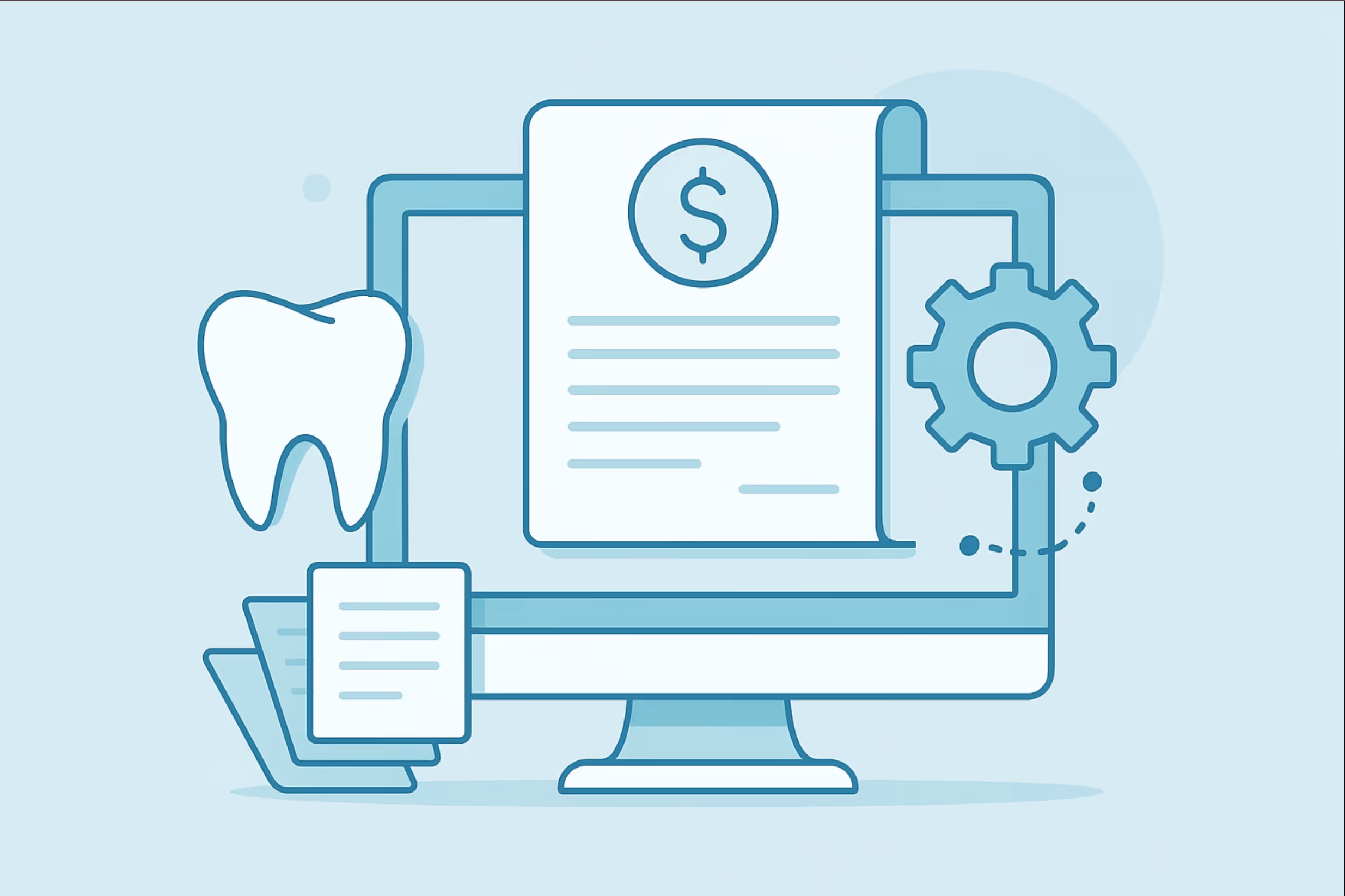 computer monitor displaying an invoice with a dollar symbol a gear icon a tooth illustration and layered document sheets on a light blue background