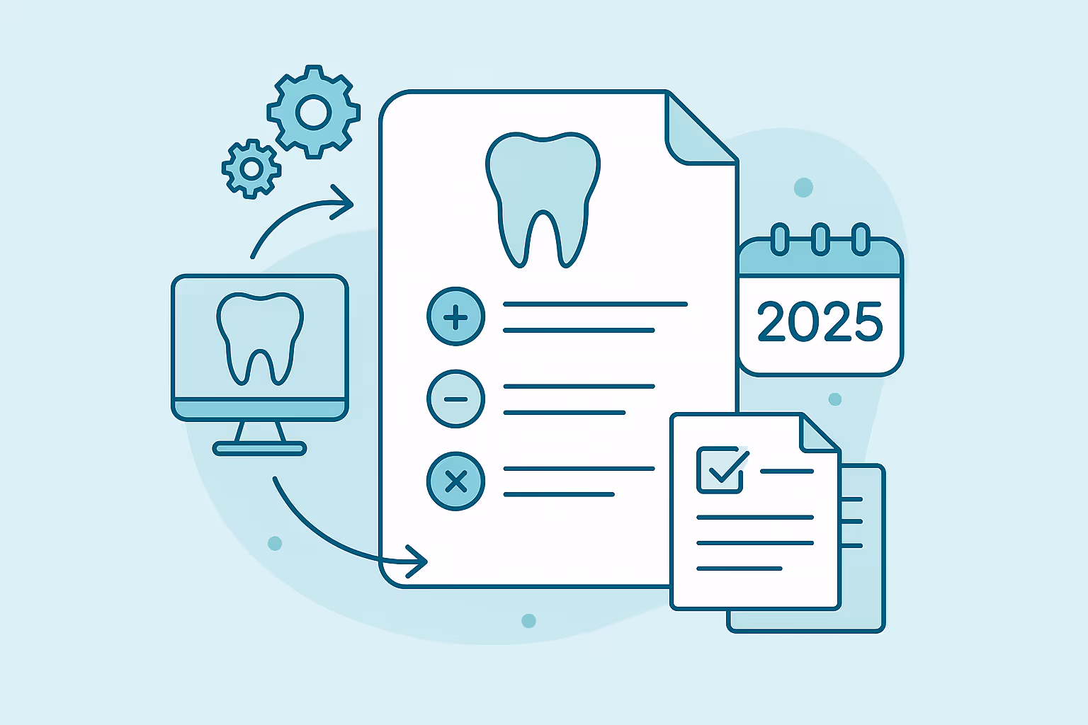 Vector graphic depicting digital dental record workflow with large sheet showing tooth icon and plus minus and cross list items computer monitor with tooth gears arrows indicating data flow calendar marked 2025 and checklist papers
