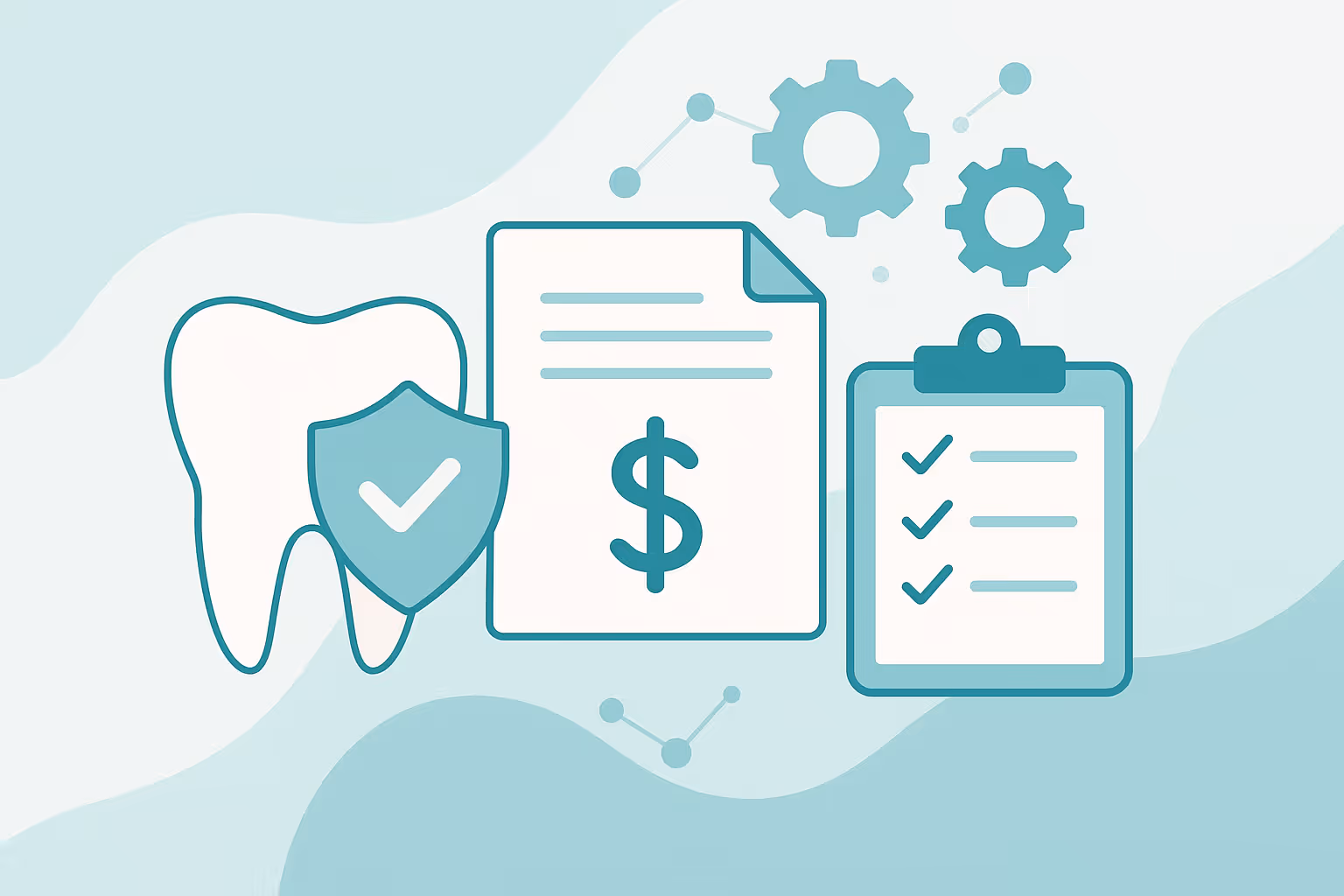 Vector illustration depicting a stylized tooth icon with a shield bearing a check mark alongside a document with a dollar sign and a clipboard with check marks and floating gears on a wavy teal background