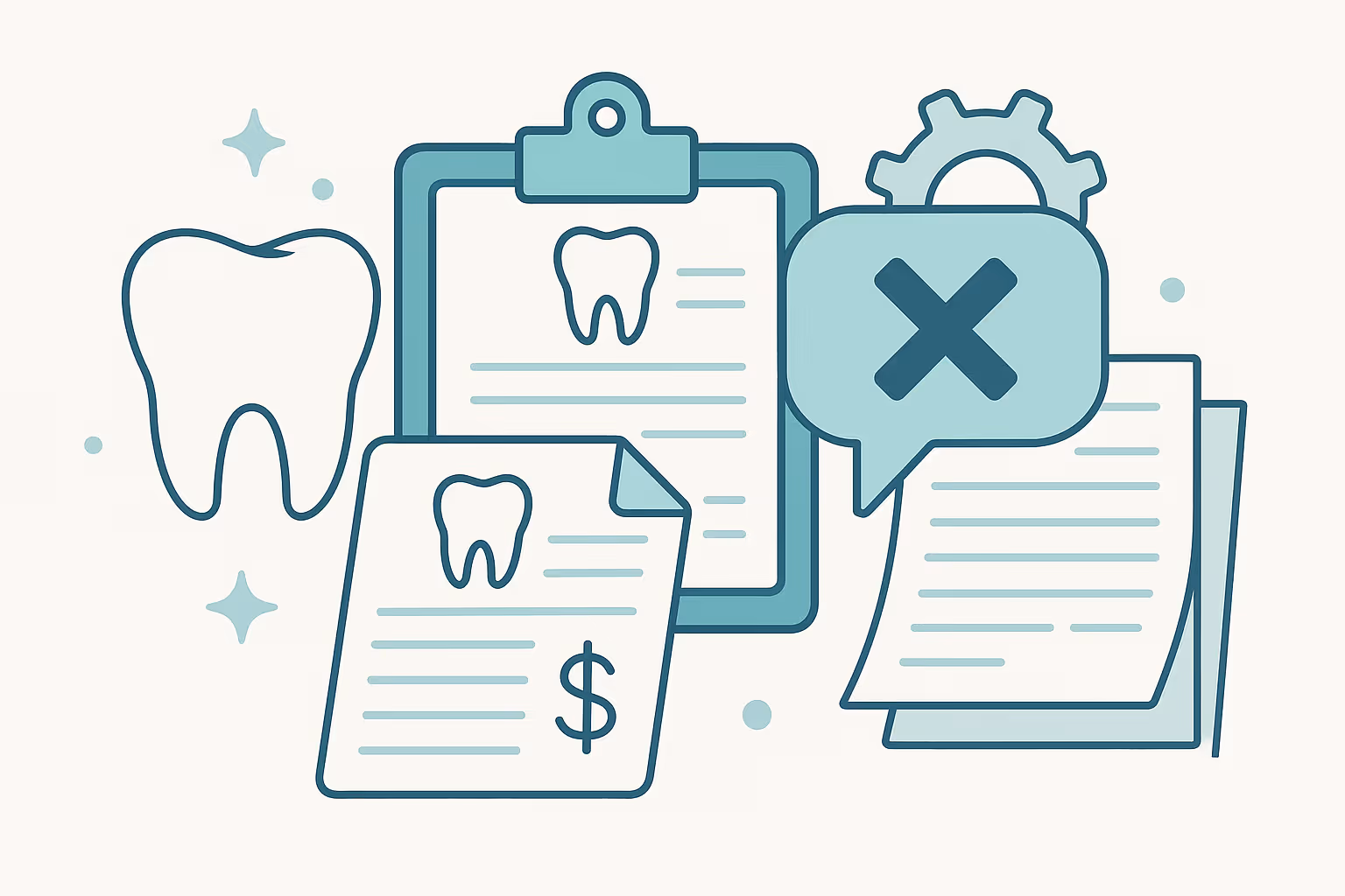 Simple line illustration of a large tooth beside a clipboard with a tooth icon and text lines next to a sheet showing a tooth icon and a dollar sign and a stack of papers with a speech bubble containing an X and a gear symbol