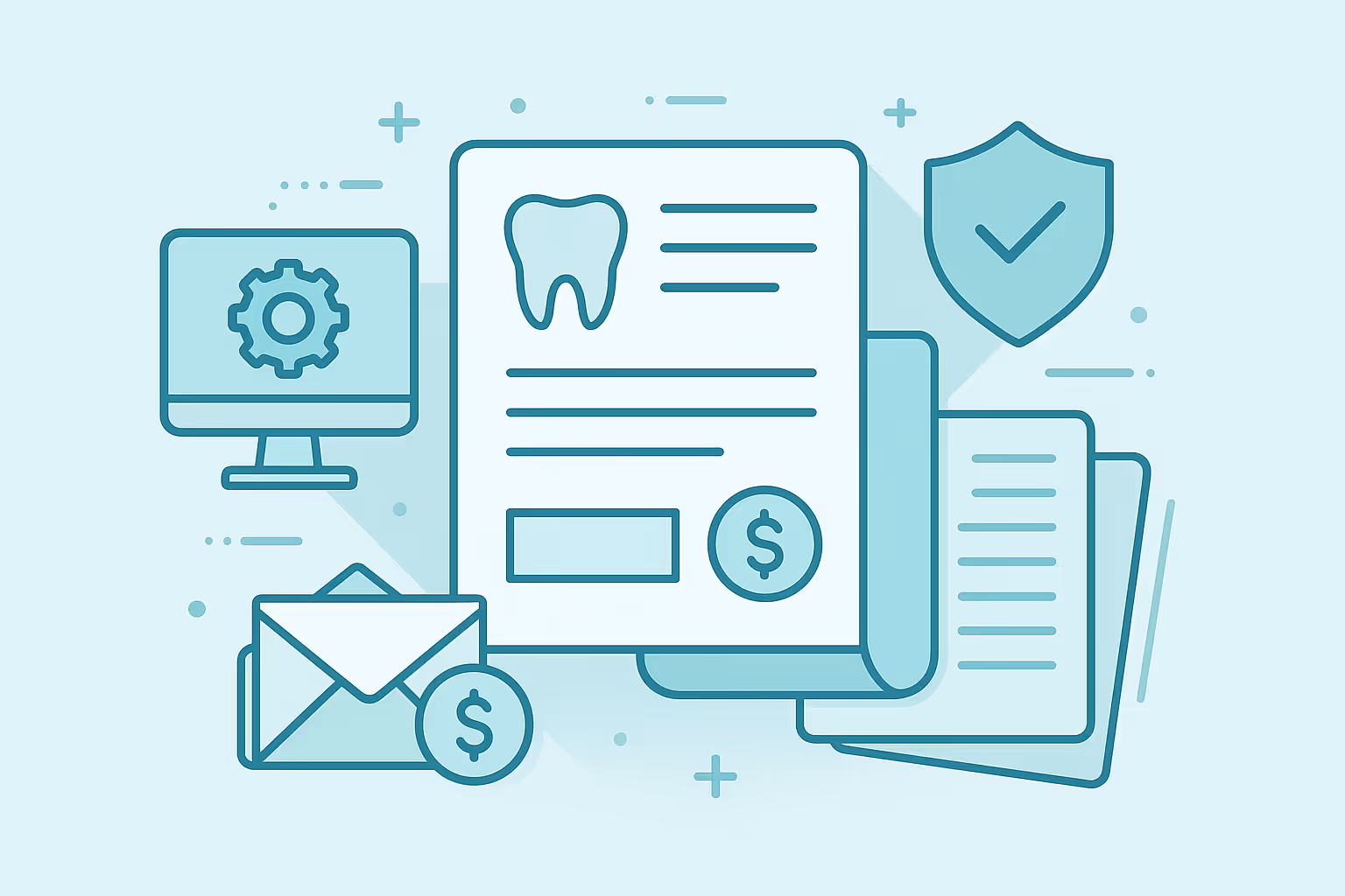 Large dental invoice sheet showing tooth icon text lines and dollar badge alongside envelope with coin computer monitor with gear symbol shield with checkmark and stacked paper documents in teal line art on light background
