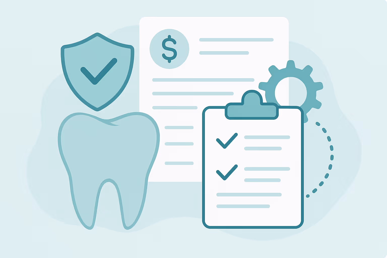 Illustration of a large stylized tooth next to a shield with a check mark a clipboard with check marks a document with a dollar symbol and a gear icon in soft green and teal tones representing dental insurance and care plan management