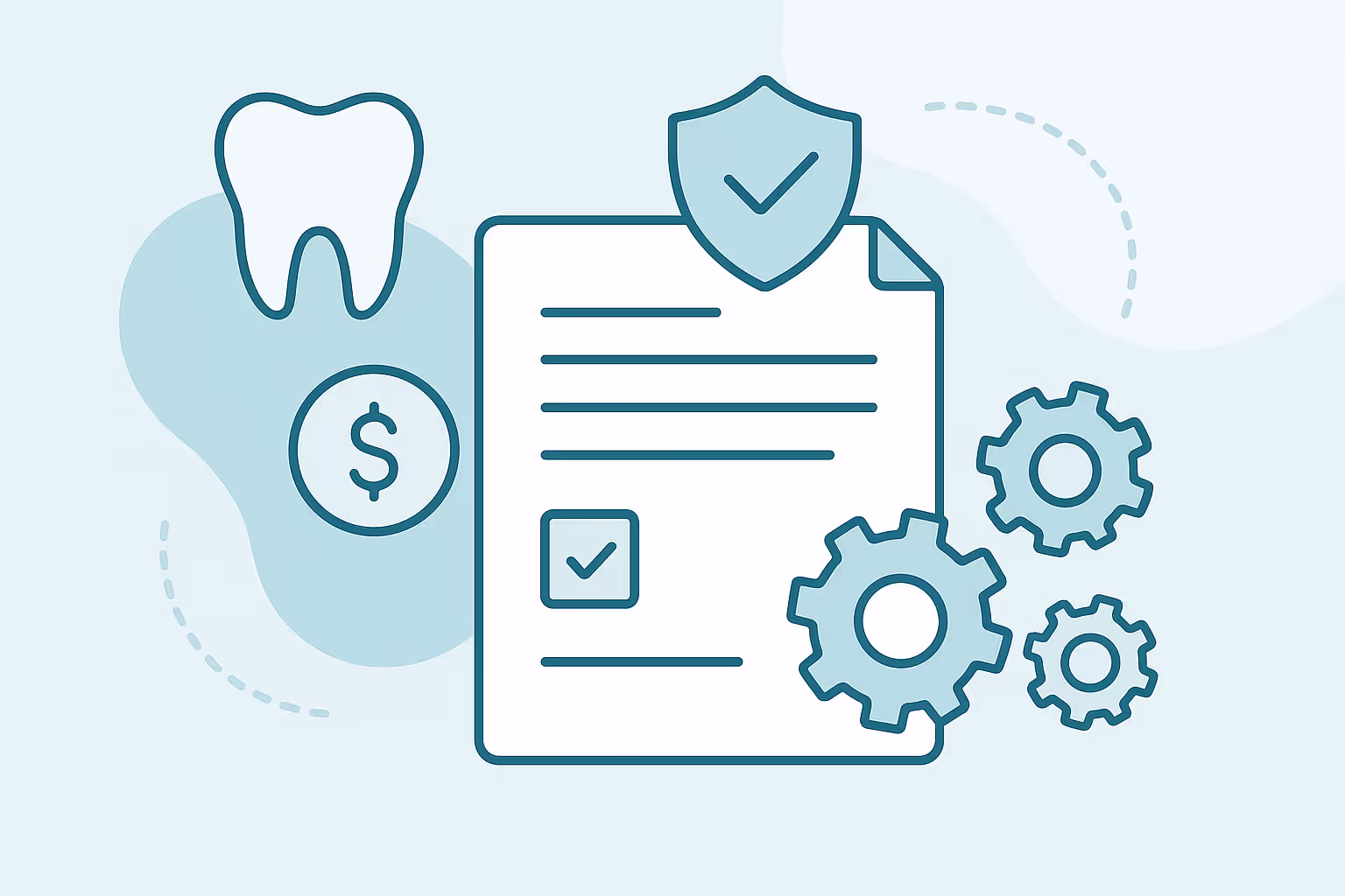 stylized illustration showing a document with a check box and shield icon alongside a tooth icon a dollar sign and three gears