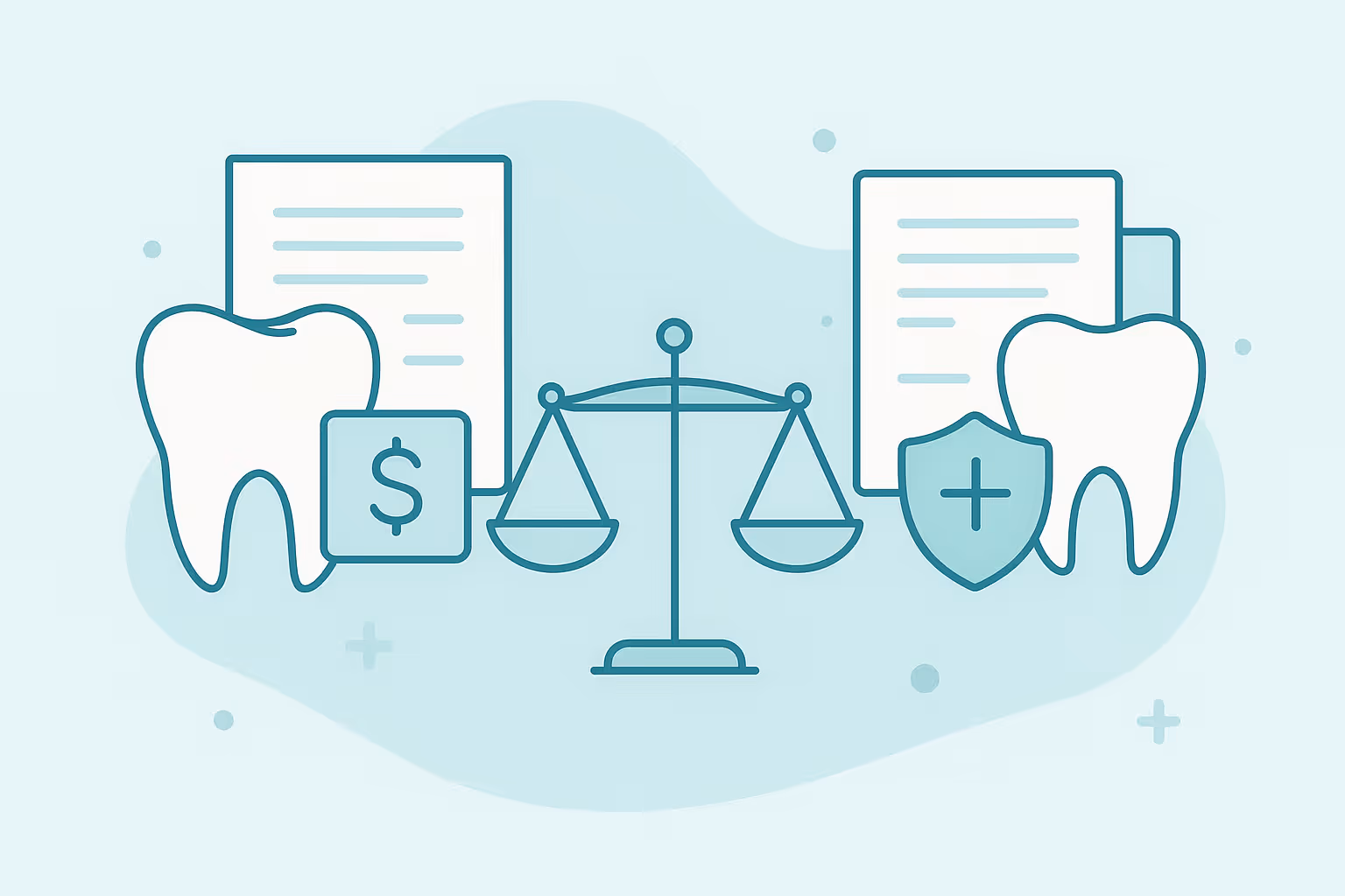 Illustration of a balance scale on a pale teal background with a stylized tooth and dollar symbol document on one side and a stylized tooth with a medical shield and document on the other side