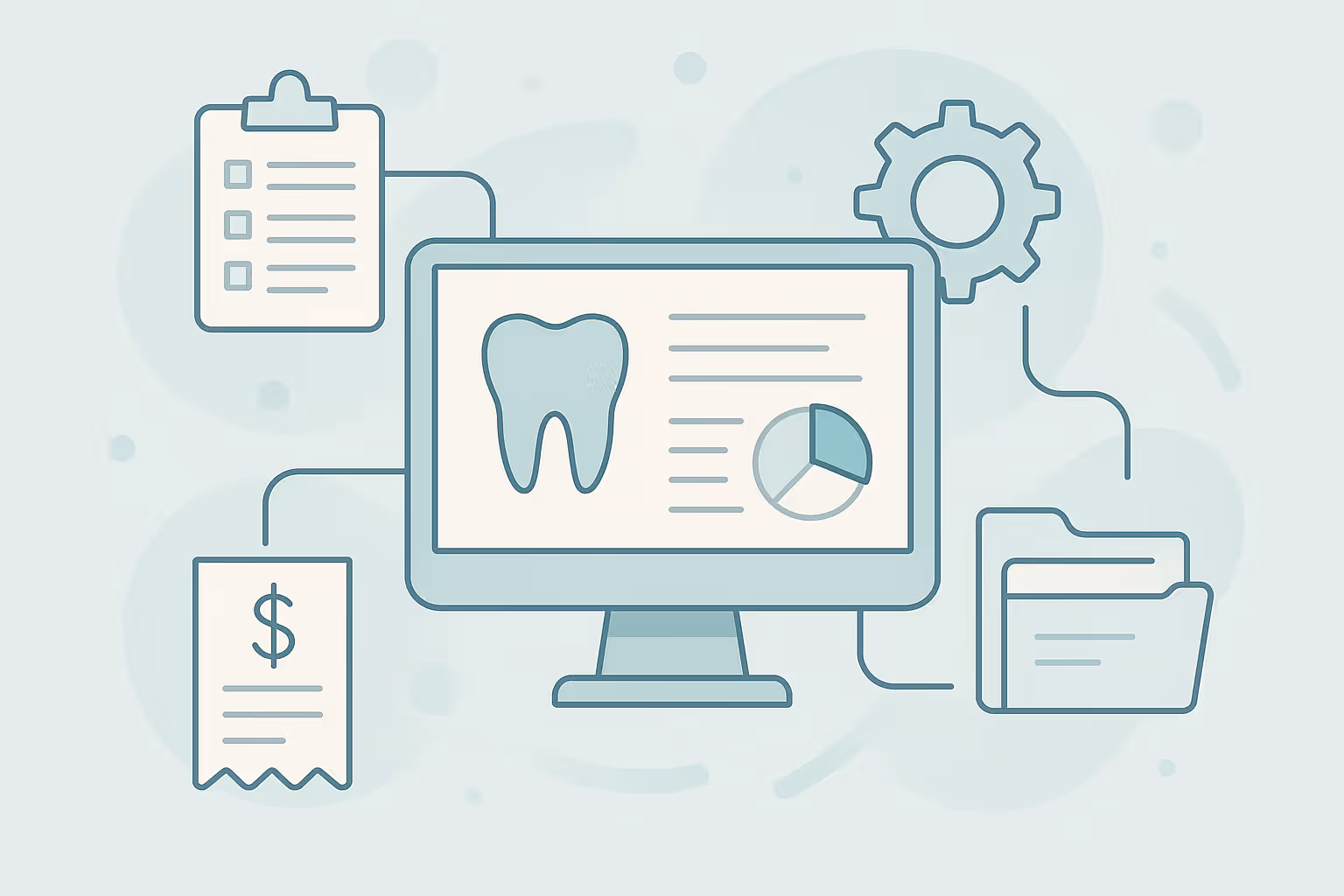 A computer monitor displaying a stylized tooth icon text lines and a pie chart connected by lines to a clipboard checklist a receipt with a dollar sign a gear icon and a folder stack