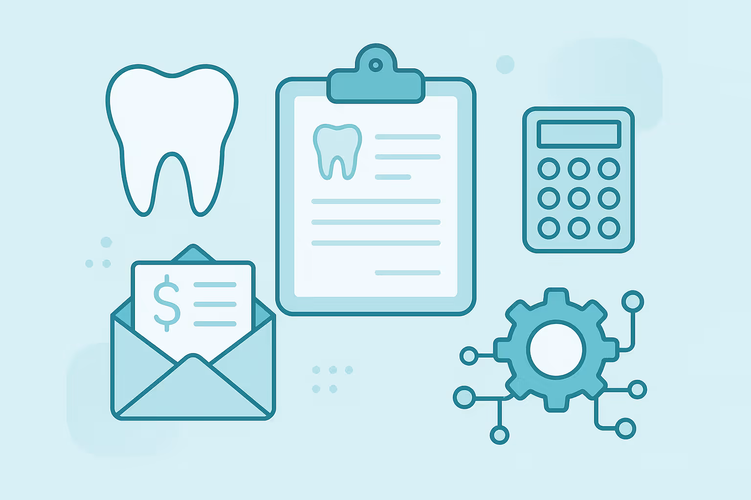 Flat style teal illustration of a tooth a clipboard displaying a dental chart a calculator an open envelope with a billing statement showing a dollar sign and a gear icon connected to circuit nodes