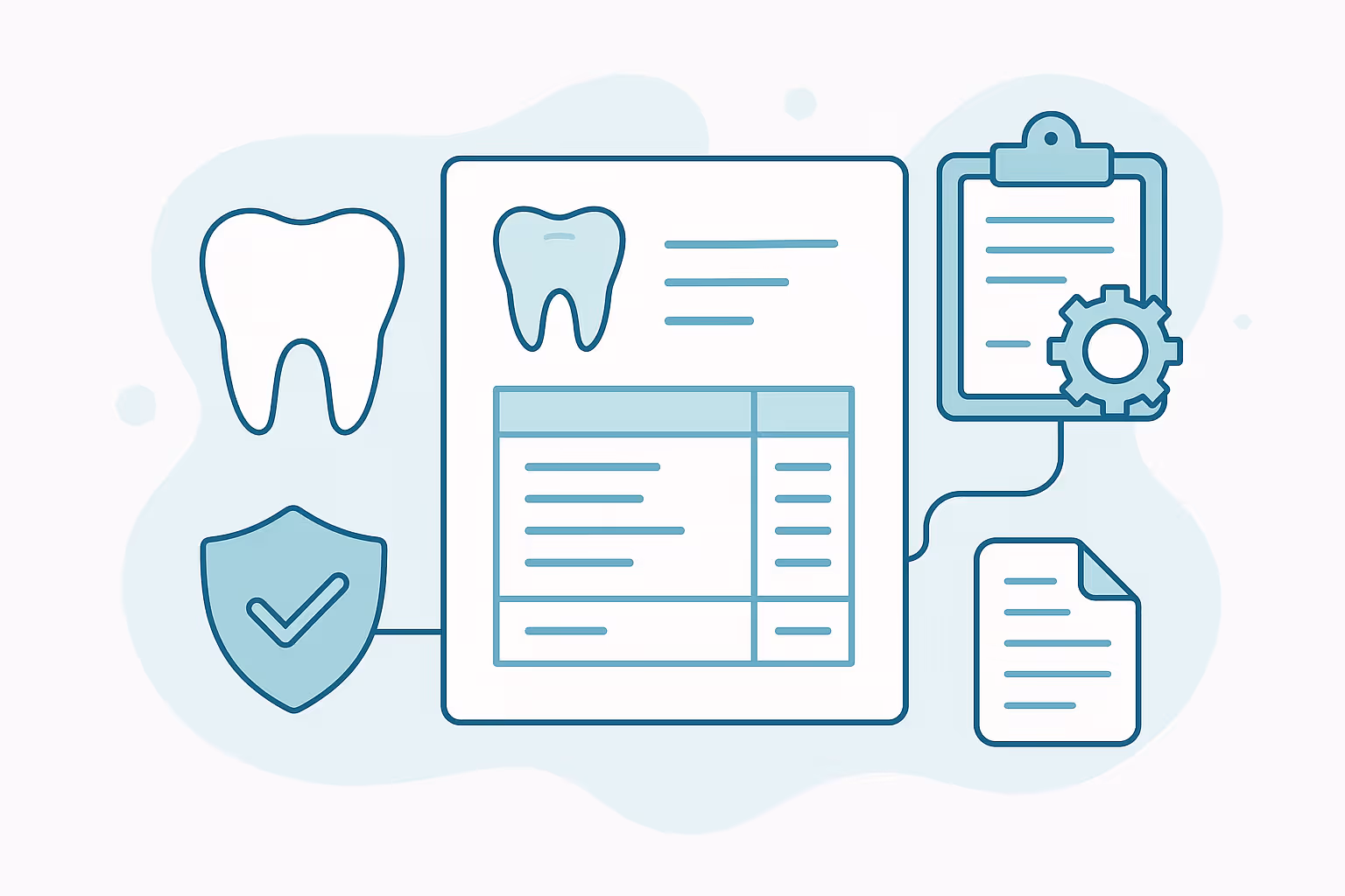 Illustration of dental records workflow central patient chart with tooth icon and treatment table connected to a tooth symbol a shield with checkmark a clipboard with gear and a sheet of paper