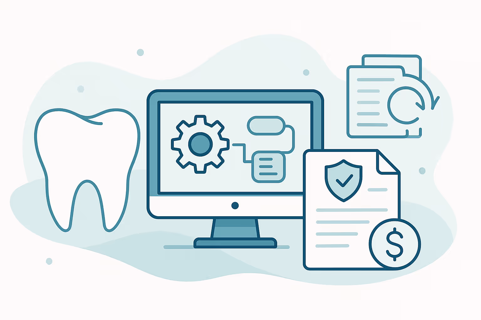 dental management software concept with stylized tooth computer monitor displaying gear and flowchart medical documents with shield checkmark and dollar sign and folder with refresh icon