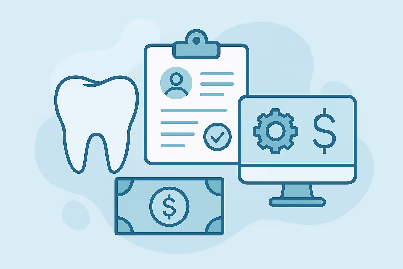 Stylized illustration of a tooth next to a clipboard with a profile icon and checkmark a computer monitor displaying a gear icon and dollar sign and a banknote representing dental practice management and financial workflow