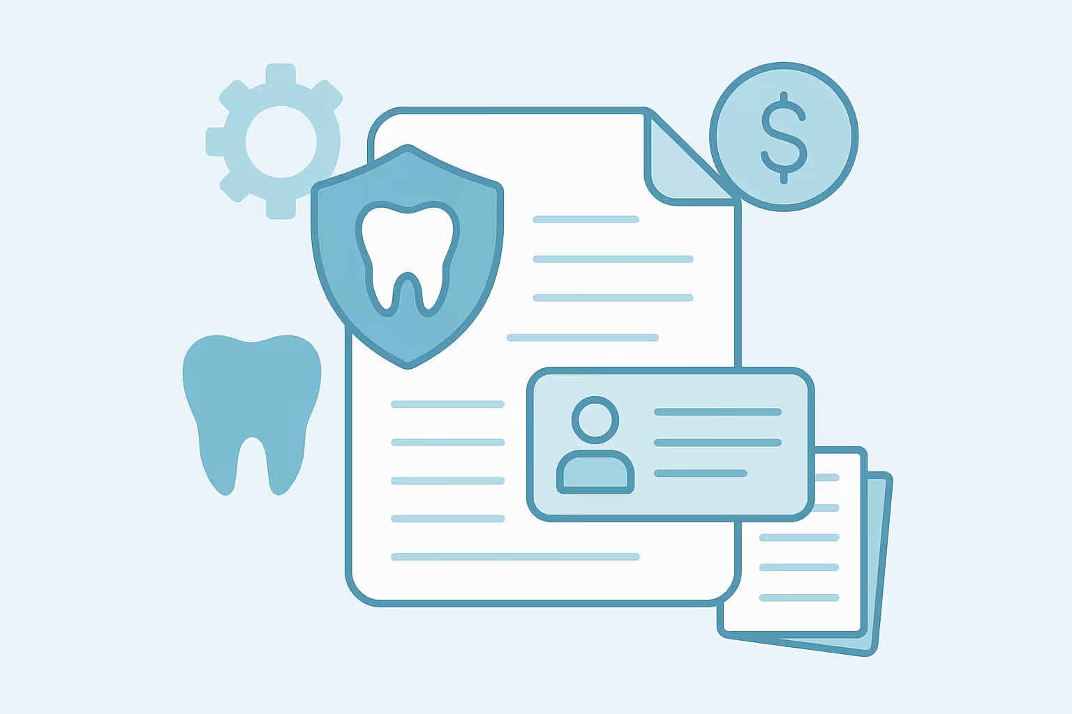 stylized documents with text lines a shield displaying a tooth icon a separate tooth a gear icon a dollar coin and a user profile card symbolizing dental insurance and coverage