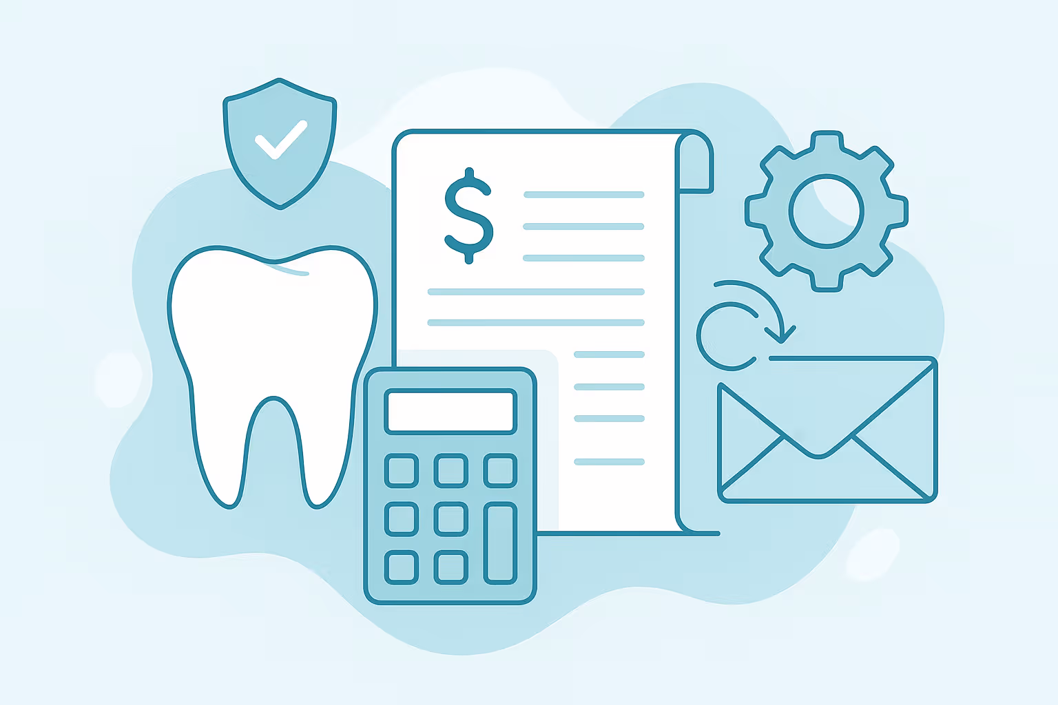 stylized illustration of a white tooth next to a calculator and a rolled up invoice featuring a dollar sign paired with a gear icon an envelope with a circular arrow and a shield with a checkmark set against a pale blue abstract background