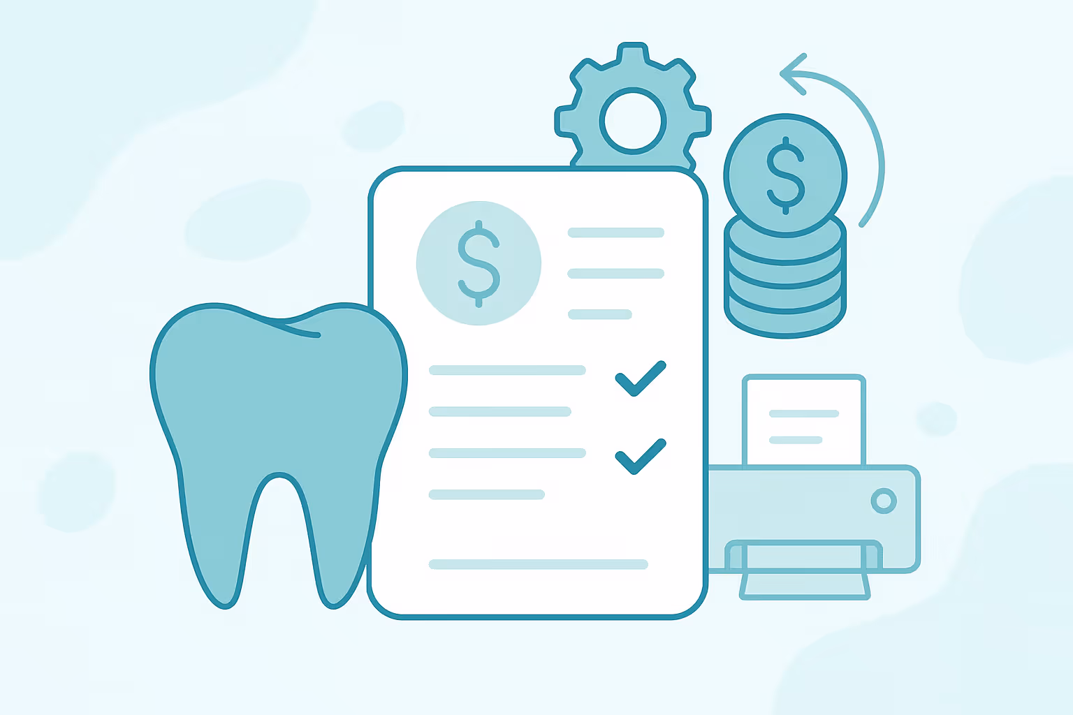 Stylized tooth next to a document featuring a dollar symbol and check marks gear icon above a stack of coins with an arrow and a printer symbolizing dental billing and payment processing