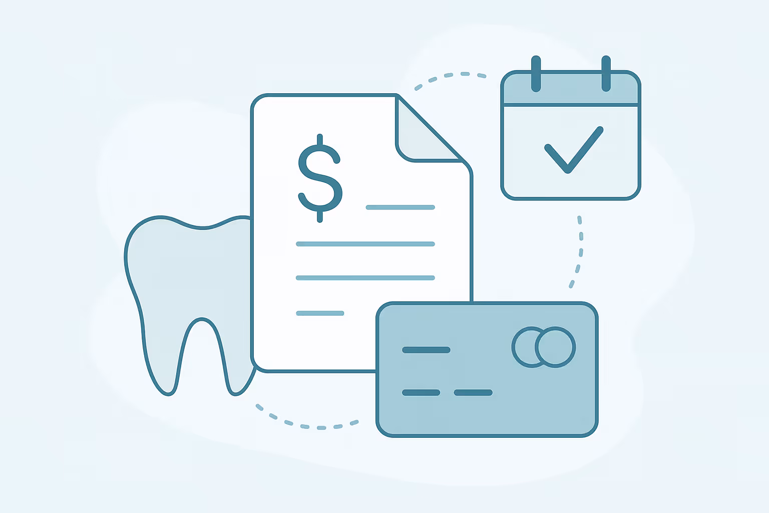 Stylized tooth icon next to a document with a dollar sign a credit card and a calendar with a check mark indicating dental billing and payments process
