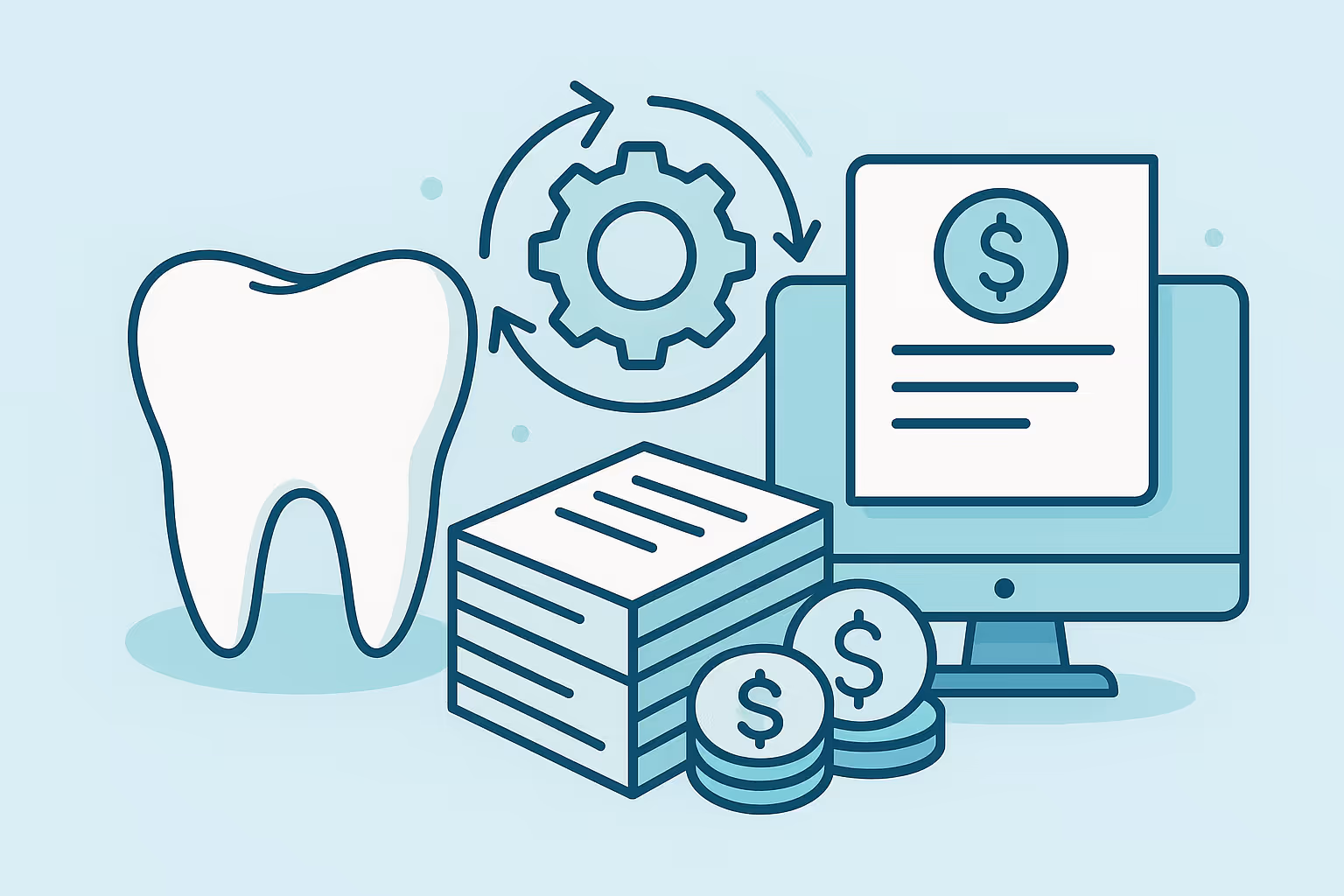 Minimalist teal vector illustration of a large tooth icon beside stacks of documents coins and a computer screen displaying a billing form with a dollar symbol above a gear encircled by arrows representing automated dental billing