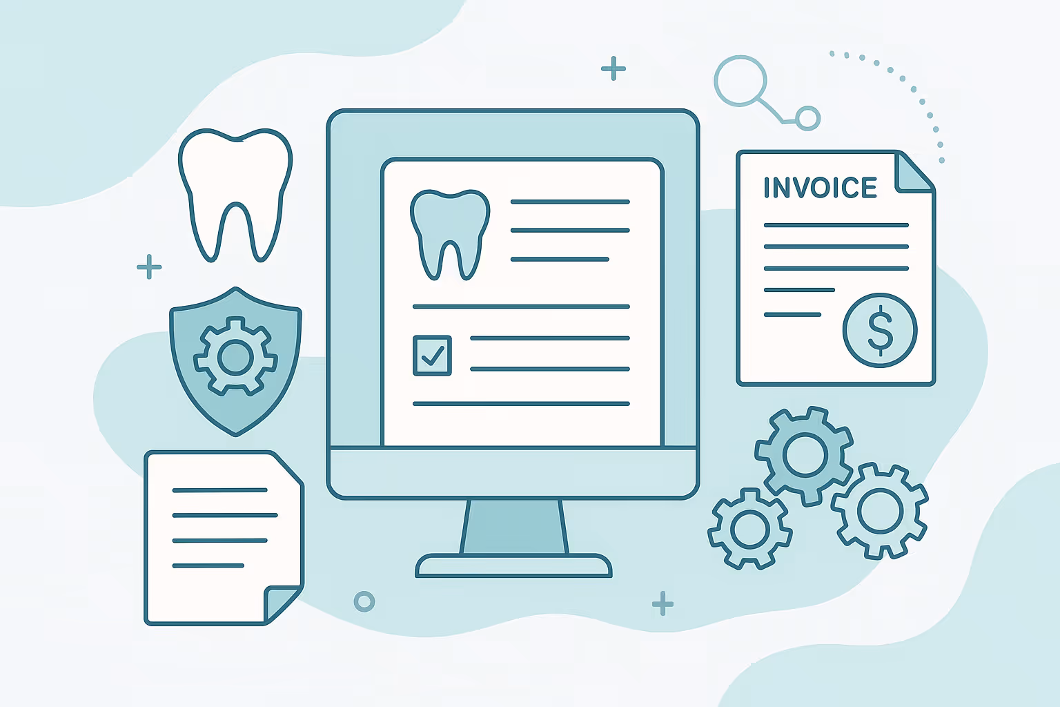 computer monitor displaying a dental record with a tooth icon lines of text and a checkbox surrounded by a tooth symbol a shield with a gear a blank document an invoice page with a dollar sign and several gear wheels on a soft teal abstract background