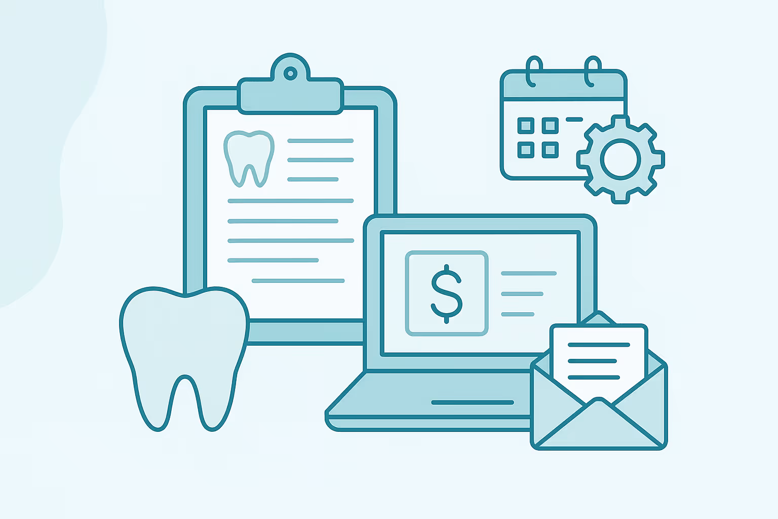 stylized teal line illustration of dental office management icons including a clipboard with a tooth icon a large tooth silhouette a laptop screen showing a dollar sign an open envelope with a letter and a calendar with a gear symbol on a pale background