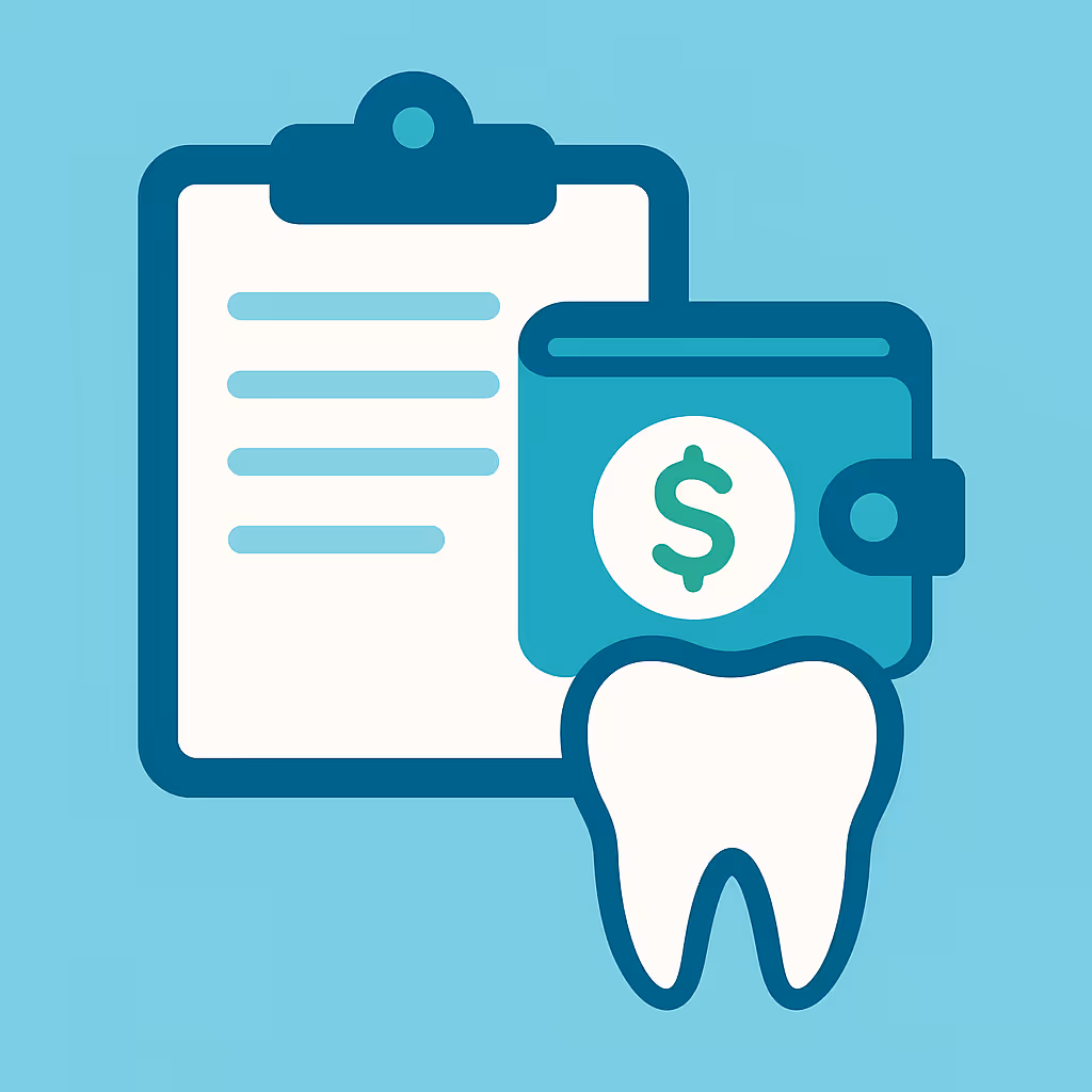 stylized teal line illustration of dental office management icons including a clipboard with a tooth icon a large tooth silhouette a laptop screen showing a dollar sign an open envelope with a letter and a calendar with a gear symbol on a pale background