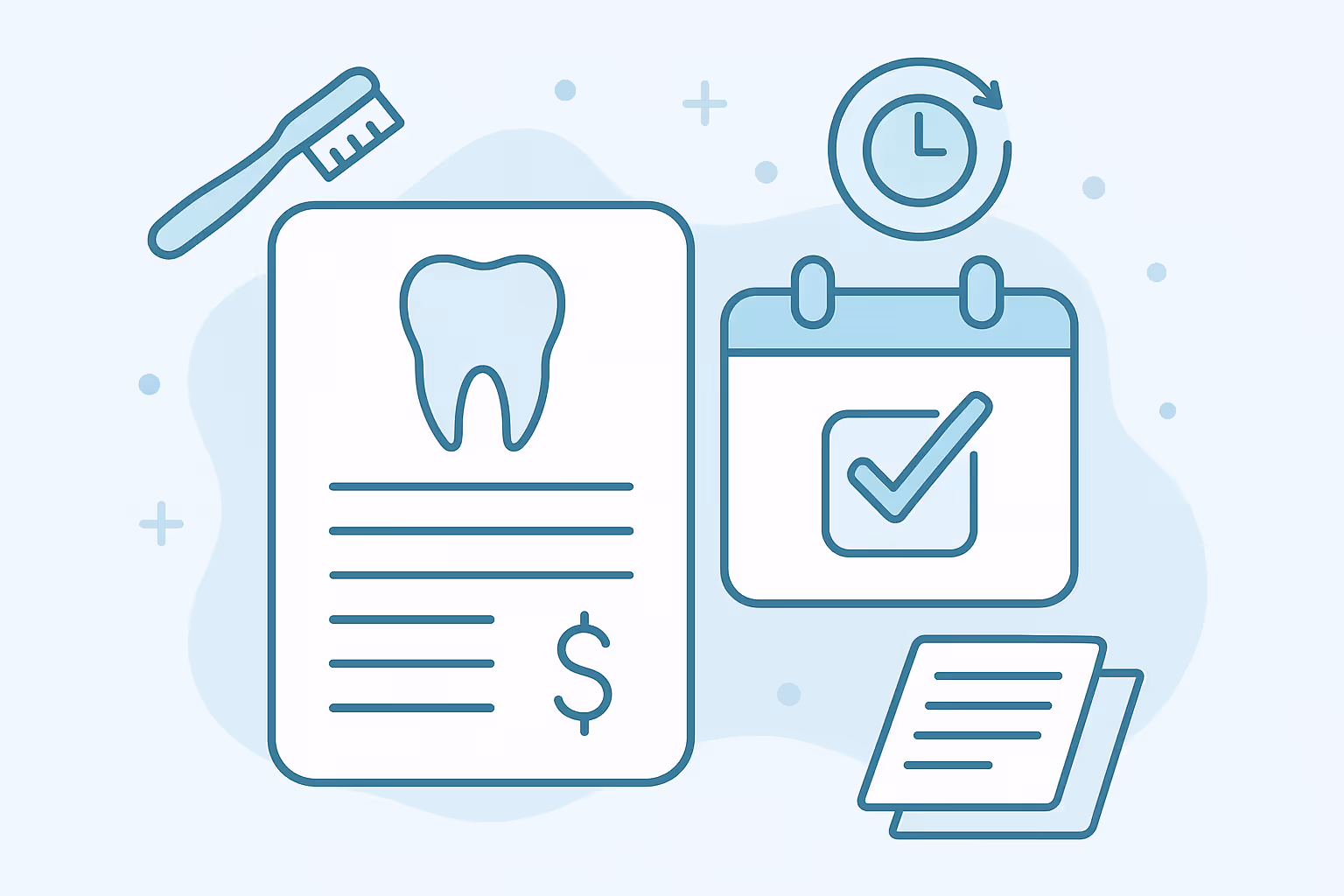 illustration of dental billing concept showing a large document with a tooth icon lines of text and a dollar sign a calendar with a checkmark a toothbrush a circular clock arrow and a stack of papers in soft blue tones