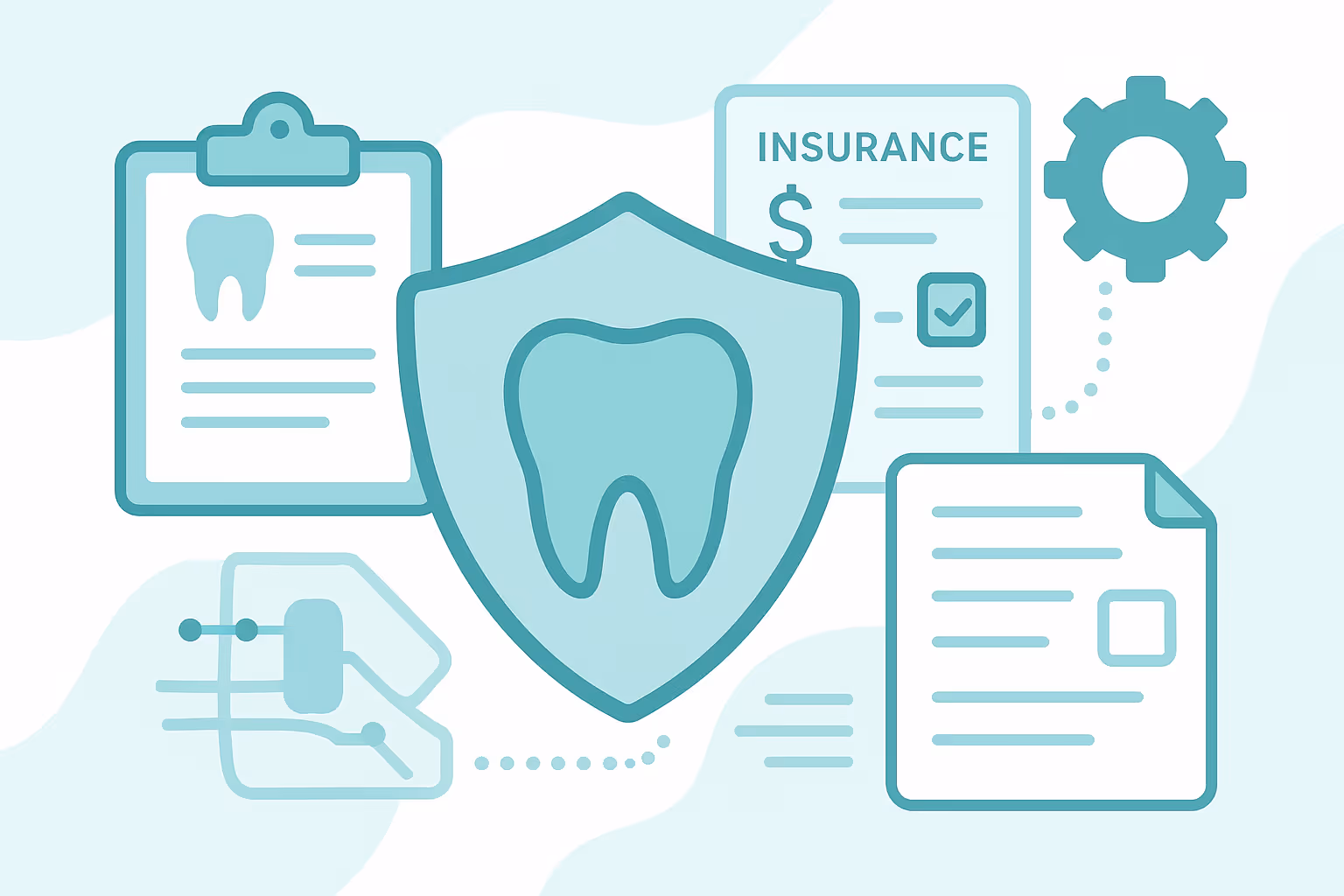 Shield bearing tooth icon surrounded by clipboard with tooth drawing insurance document gear icon and digital card symbolizing dental insurance and data security