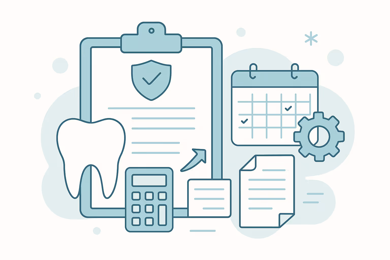 line art depiction of dental insurance and care planning showing a clipboard with shield and document lines a large tooth silhouette a calculator an upward arrow a calendar grid with check marks a gear icon and loose papers over abstract background shapes